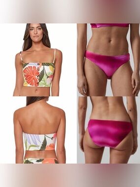 Athleta Bright Fuchsia Bikini Bottoms & Sanctuary Tropical Print Crop Bikini Top